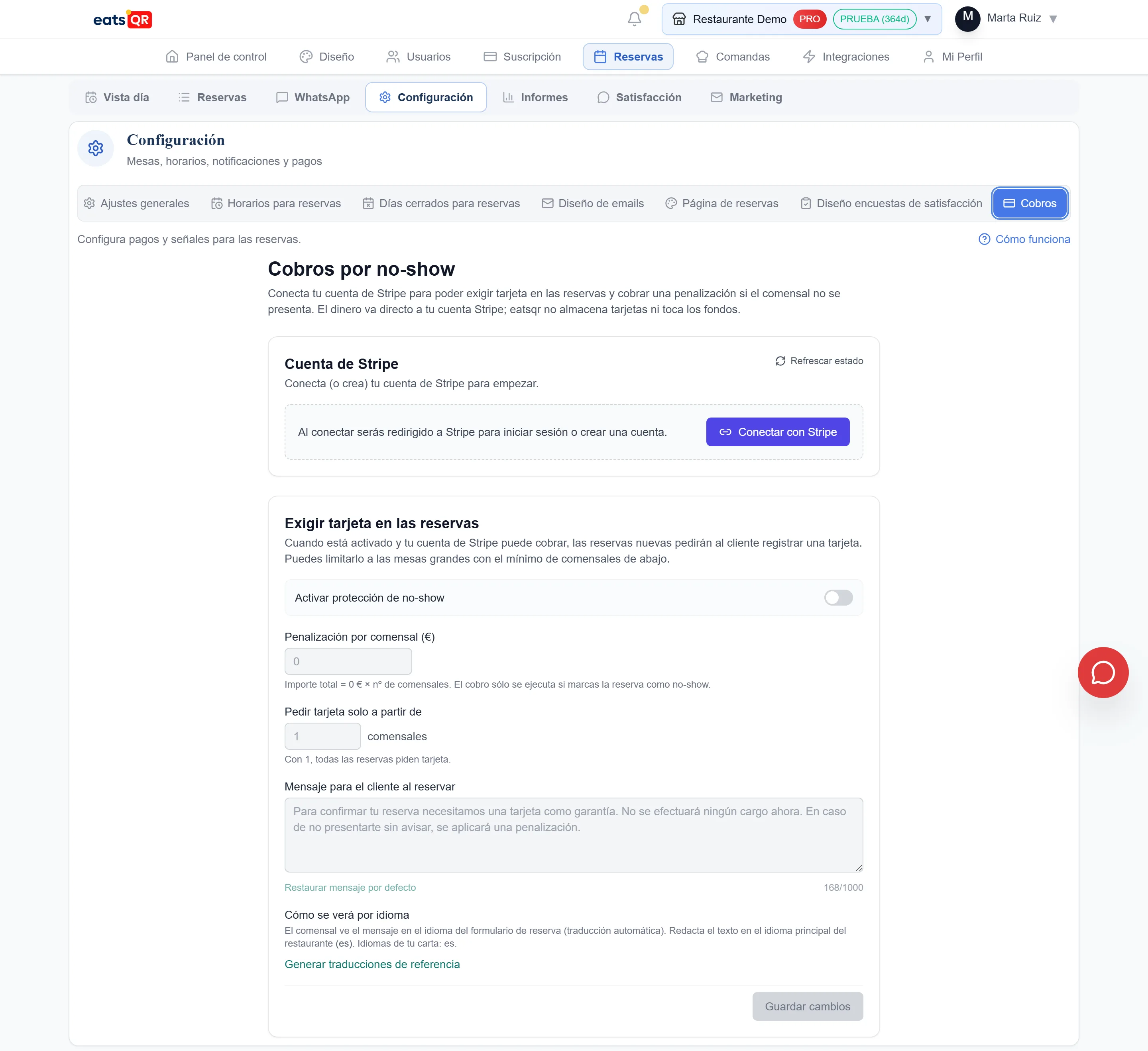 Configuración de cobros por no-show