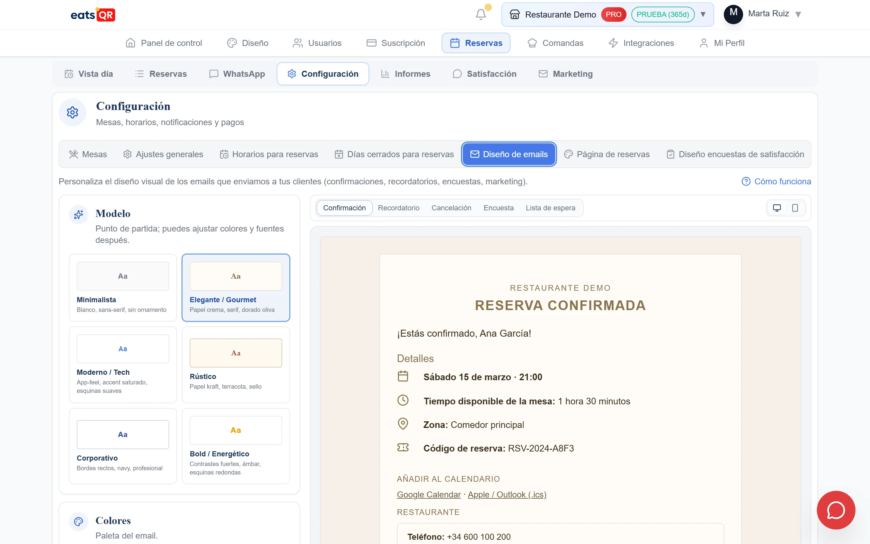 Diseño de los correos de reservas