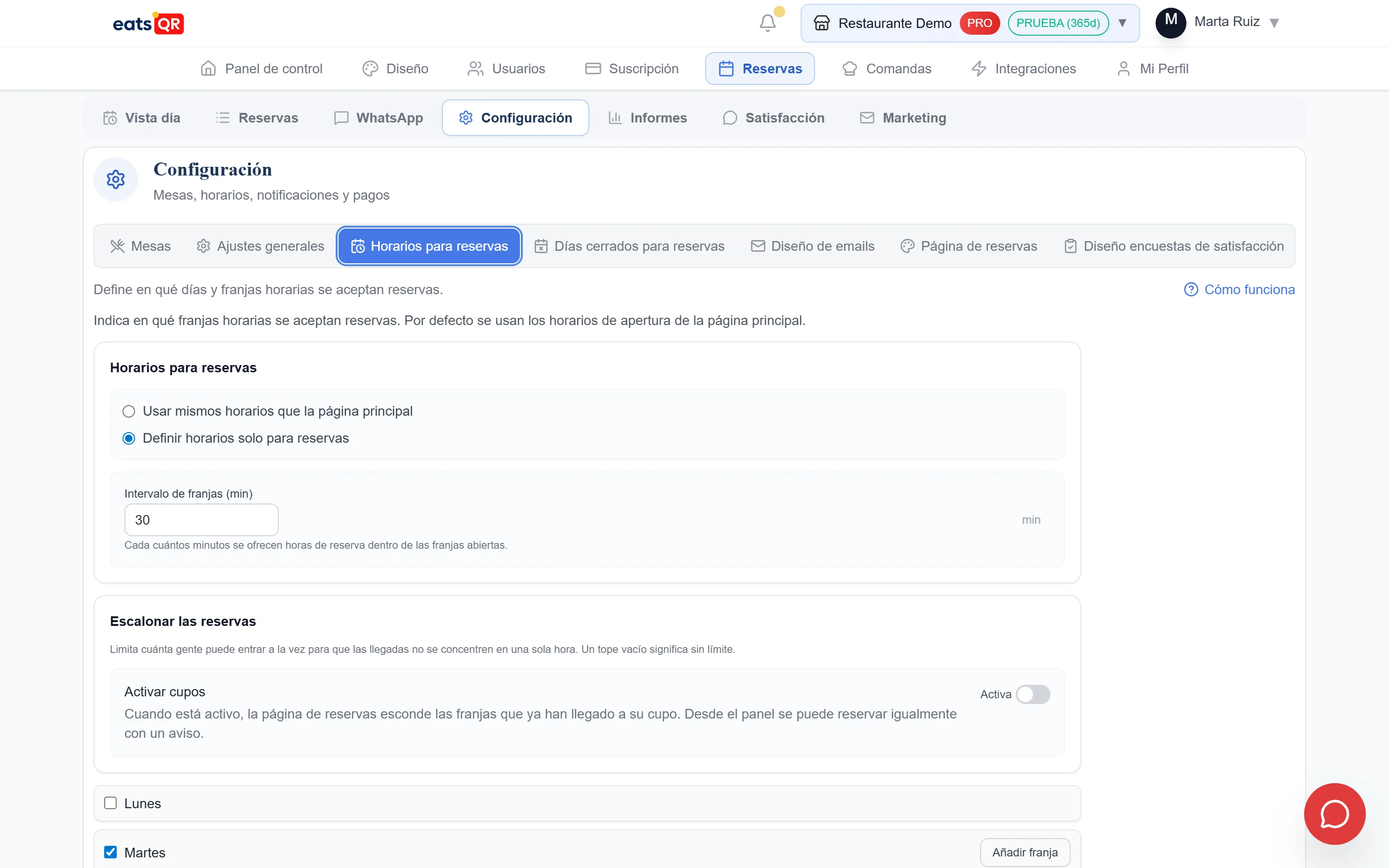 Configuración de horarios para reservas