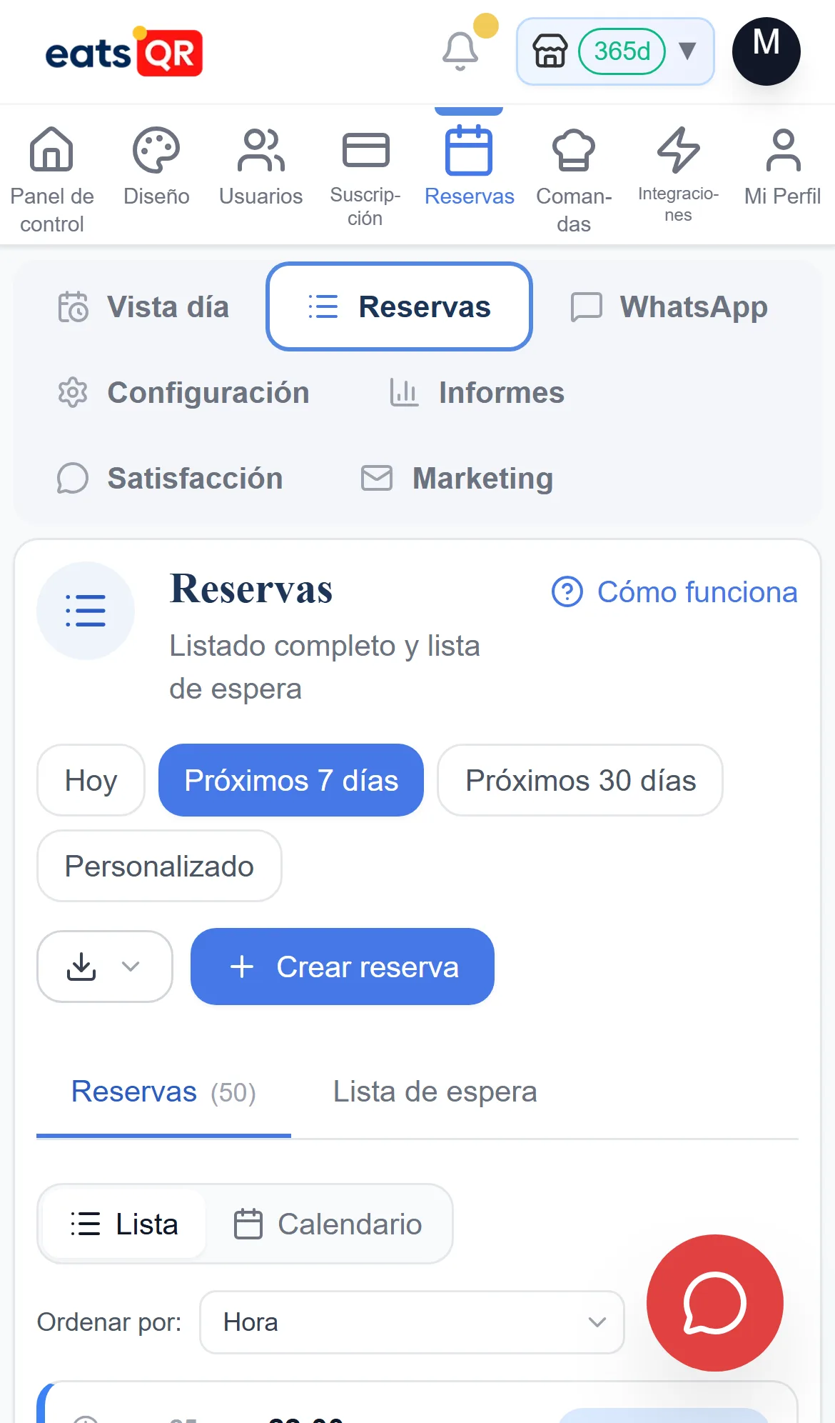 El listado de reservas en un teléfono